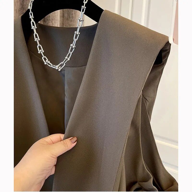 Ανοιξιάτικο γιλέκο φόρμας για γυναίκες Vintage αμάνικο φαρδύ καφέ γιλέκο Κορεάτικο επώνυμο επώνυμα γιλέκο Streetwear