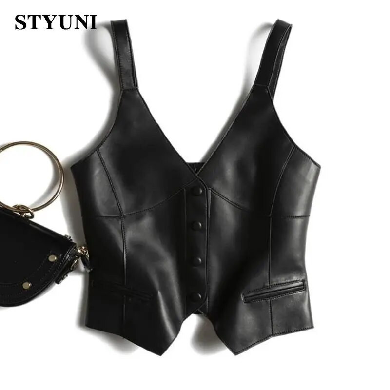 Fake PU Δερμάτινο V-λαιμόκοψη μονόστηθος Αμάνικο γιλέκο Γυναικείο γιλέκο κοντό παλτό σακάκι Κορεατικά μόδα μπουφάν για γυναίκες 2023