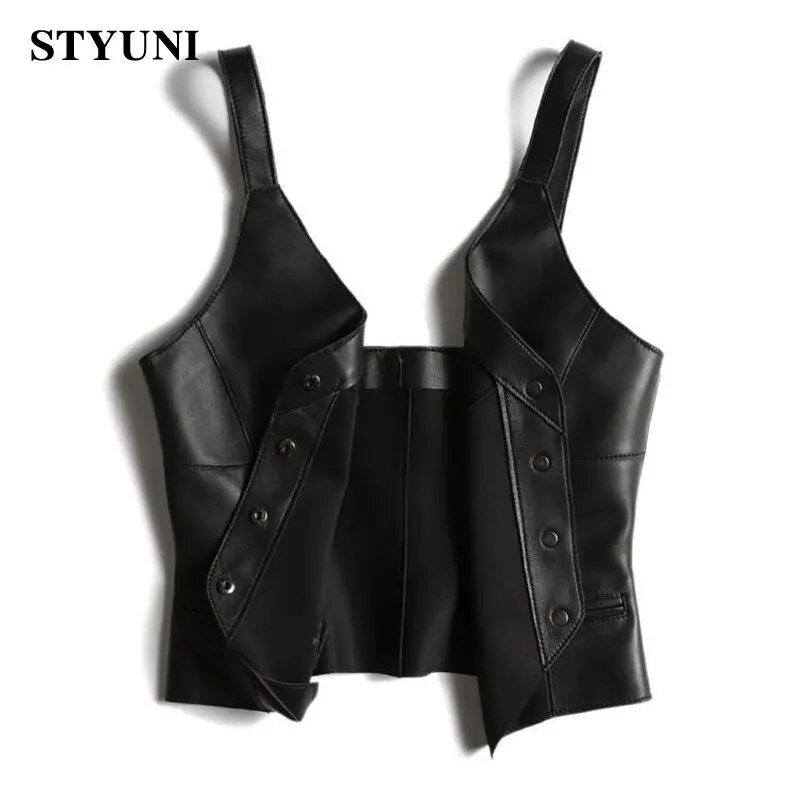 Fake PU Δερμάτινο V-λαιμόκοψη μονόστηθος Αμάνικο γιλέκο Γυναικείο γιλέκο κοντό παλτό σακάκι Κορεατικά μόδα μπουφάν για γυναίκες 2023