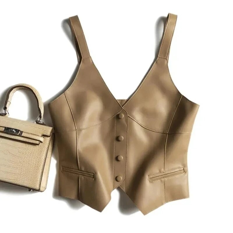 Fake PU Δερμάτινο V-λαιμόκοψη μονόστηθος Αμάνικο γιλέκο Γυναικείο γιλέκο κοντό παλτό σακάκι Κορεατικά μόδα μπουφάν για γυναίκες 2023