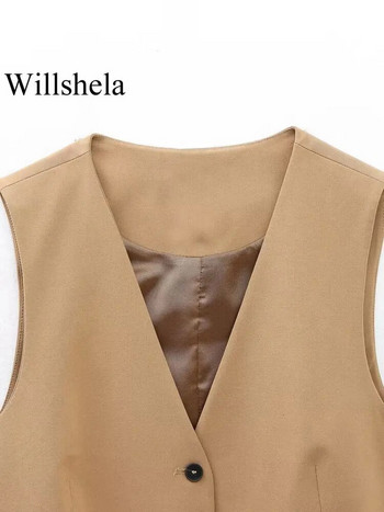 Willshela Γυναικεία μόδα Χακί γιλέκο V-λαιμόκοψη μονό στήθος αμάνικο Γυναικείο κομψό γυναικείο ντύσιμο Κοντό φανελάκι