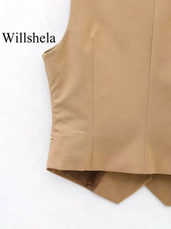 Willshela Дамска модна изрязана жилетка в цвят каки с V-образно деколте, едноредно елегантно дамско облекло без ръкави, късо потниче