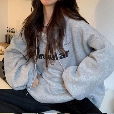 2023. aasta kirjatrükiga kapuutsid Naiste vintage talvefliisvoodriga avara kapuutsiga särk Grunge kampsun Y2k riided Suured pulloverid