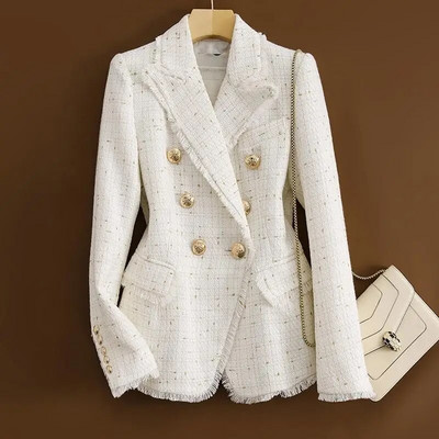 Малко парфюмно палто Дамски блейзъри 2023 г. Ново пролетно есенно двуредно сако със златна линия Дамско връхно облекло Блейзър от туид