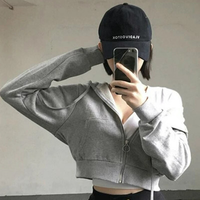 Γυναικείες κουκούλες με κουκούλα μονόχρωμο κοντό φερμουάρ Λεπτό Harajuku Chic Μοντέρνο απλό λεπτό μακρυμάνικο Ulzzang Νέα Streetwear