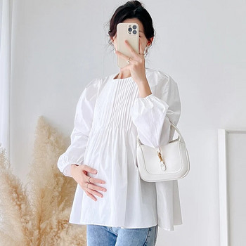 Бели ризи за бременни жени за есента, с дълги ръкави и о-образно деколте с фенерски ръкави Плисирани блузи за бременни Бременни памучни дрехи 2023 г.