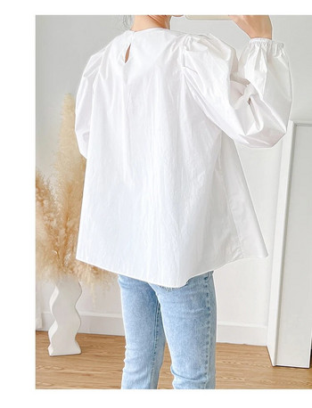 Λευκό πουκάμισο εγκύου για φθινοπωρινό μακρυμάνικο λαιμόκοψη φανάρι με πλισέ μπλούζες εγκυμοσύνης Βαμβακερά ρούχα 2023