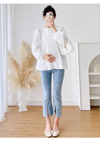 Λευκό πουκάμισο εγκύου για φθινοπωρινό μακρυμάνικο λαιμόκοψη φανάρι με πλισέ μπλούζες εγκυμοσύνης Βαμβακερά ρούχα 2023