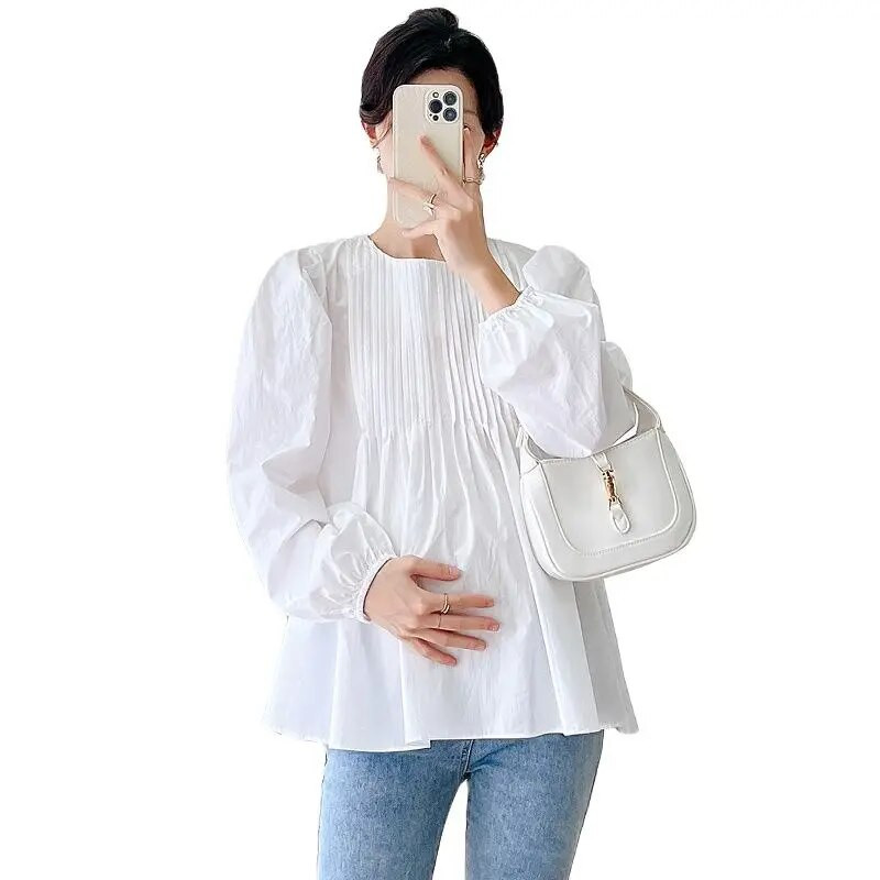 Bijele jesenske trudničke košulje, dugih rukava, O-izreza, lampion rukava, trudničke plisirane bluze, trudnička pamučna odjeća 2023.