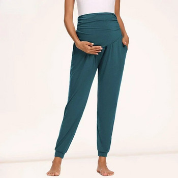 Дамски панталони за бременни над корема Еластични спортни панталони за бременни с висока талия Удобни ежедневни панталони за бременни с джобове