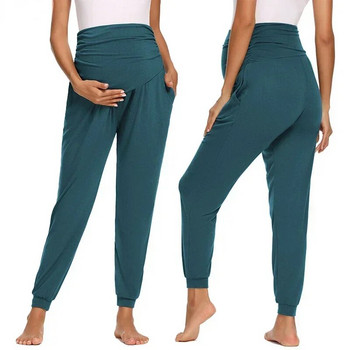 Дамски панталони за бременни над корема Еластични спортни панталони за бременни с висока талия Удобни ежедневни панталони за бременни с джобове