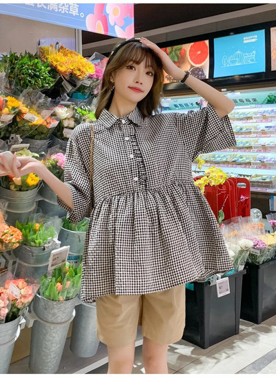 Rasedate suvesärgid Lühikeste varrukatega Allakäiva kraega Rasedatele Naistele Ruudulised pluusid Suures suuruses kõrge vöökohaga rasedusriided lahtised