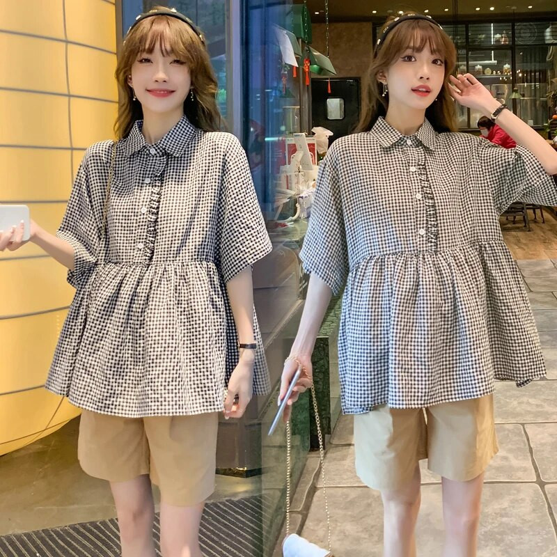 Rasedate suvesärgid Lühikeste varrukatega Allakäiva kraega Rasedatele Naistele Ruudulised pluusid Suures suuruses kõrge vöökohaga rasedusriided lahtised