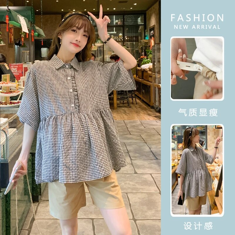 Rasedate suvesärgid Lühikeste varrukatega Allakäiva kraega Rasedatele Naistele Ruudulised pluusid Suures suuruses kõrge vöökohaga rasedusriided lahtised