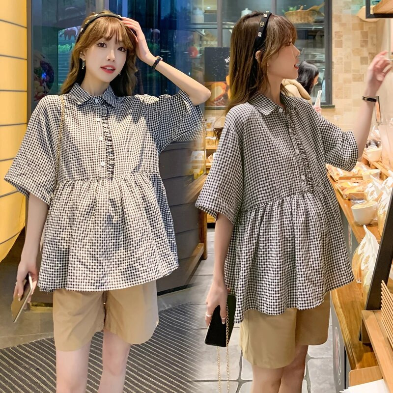 Rasedate suvesärgid Lühikeste varrukatega Allakäiva kraega Rasedatele Naistele Ruudulised pluusid Suures suuruses kõrge vöökohaga rasedusriided lahtised