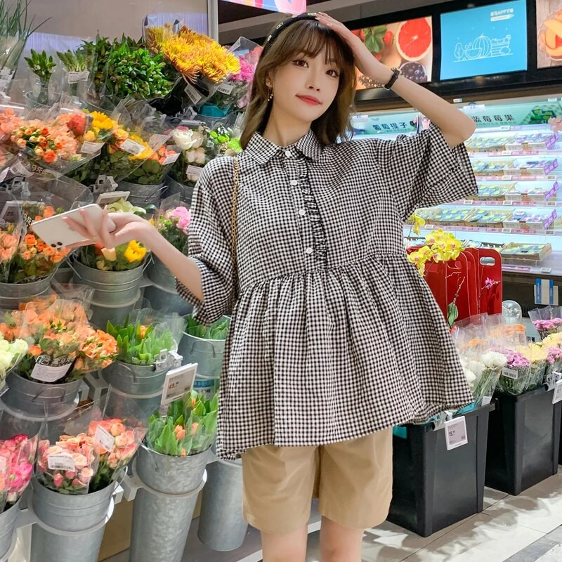 Rasedate suvesärgid Lühikeste varrukatega Allakäiva kraega Rasedatele Naistele Ruudulised pluusid Suures suuruses kõrge vöökohaga rasedusriided lahtised