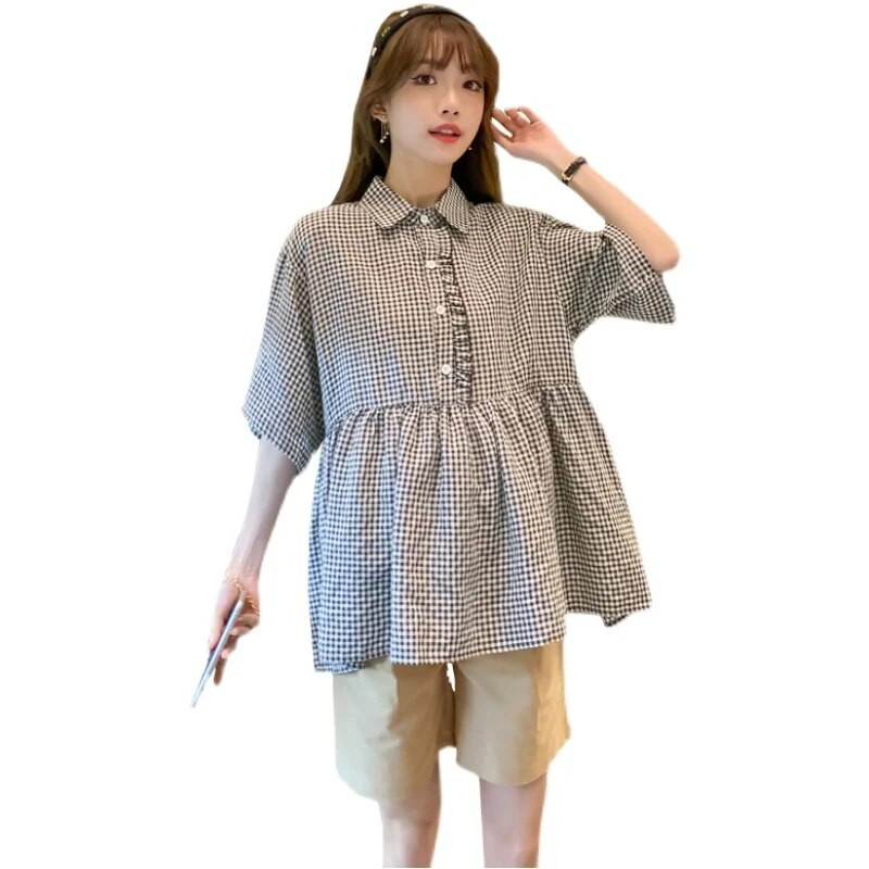 Rasedate suvesärgid Lühikeste varrukatega Allakäiva kraega Rasedatele Naistele Ruudulised pluusid Suures suuruses kõrge vöökohaga rasedusriided lahtised