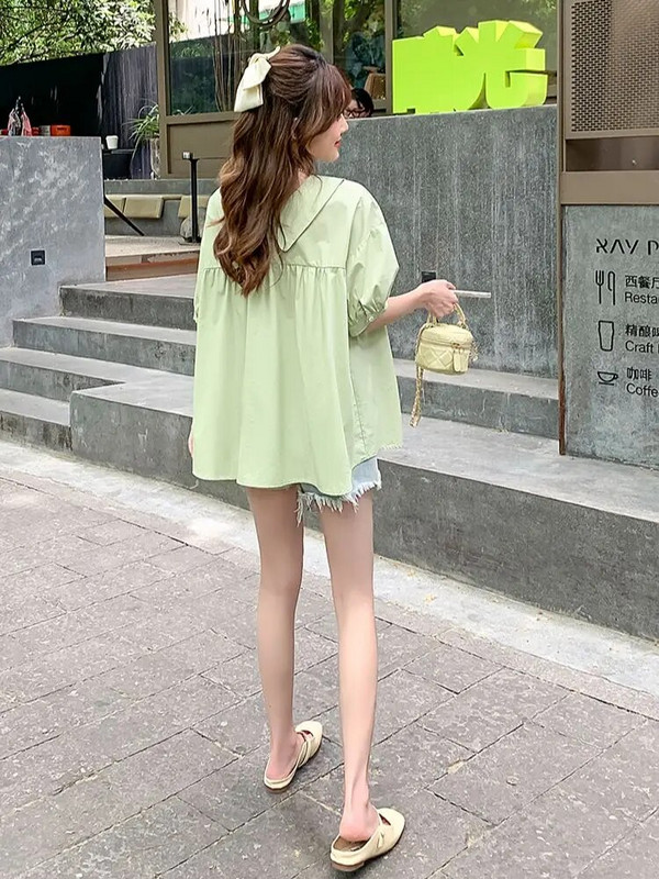 Ljetna široka odjeća za trudnice, jednobojne ovratnike s ovratnikom, trudničke majice s jednorednim kopčanjem, veće veličine, trudničke bluze