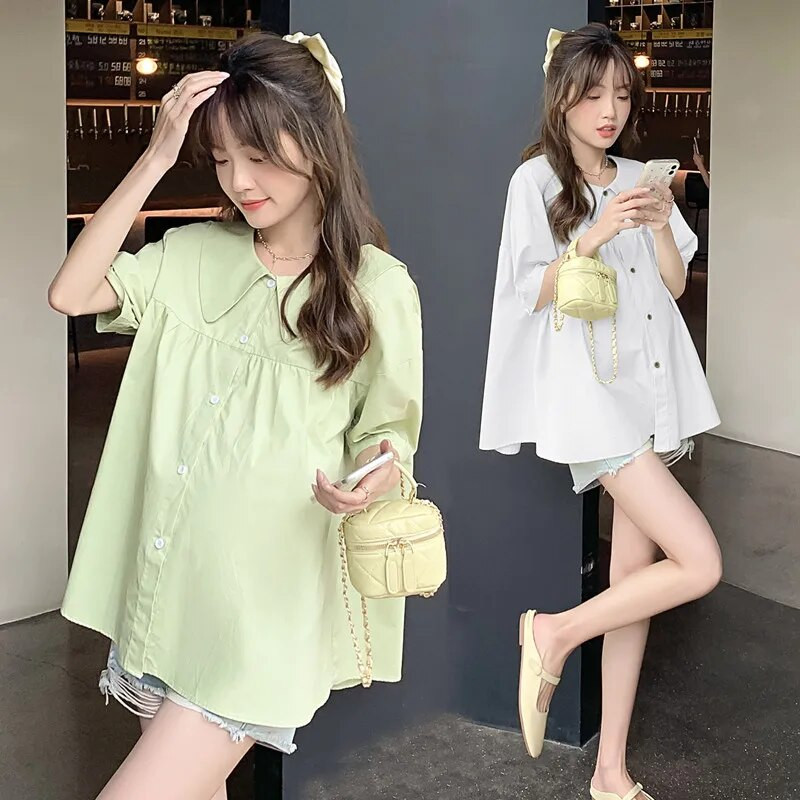 Ljetna široka odjeća za trudnice, jednobojne ovratnike s ovratnikom, trudničke majice s jednorednim kopčanjem, veće veličine, trudničke bluze