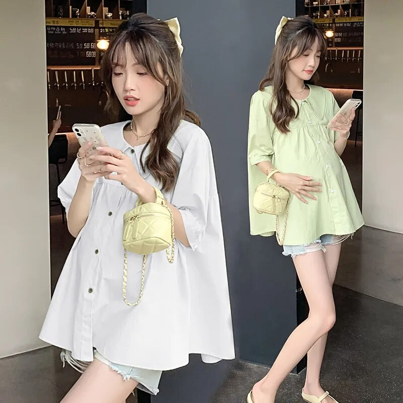 Ljetna široka odjeća za trudnice, jednobojne ovratnike s ovratnikom, trudničke majice s jednorednim kopčanjem, veće veličine, trudničke bluze