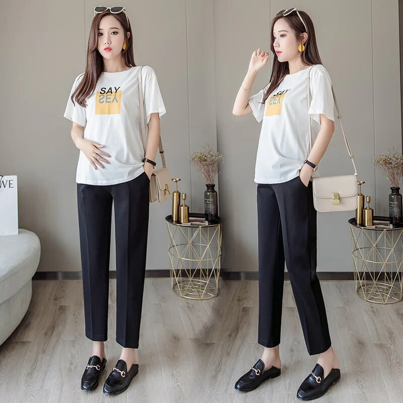 2023 Nėščiųjų pilvo kelnės vasarinės juodos elegantiškos proginės nėščiosios kelnės iki kulkšnių nėštumo darbo drabužiai su kišenėmis