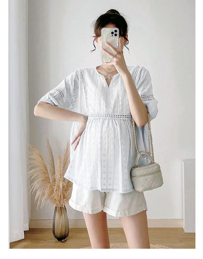 Καλοκαιρινή κοντομάνικη μπλούζα για έγκυες γυναίκες με κούφια δαντέλα συνονθύλευμα με λαιμόκοψη V με ψηλή μέση πουκάμισα εγκυμοσύνης Loose tops εγκυμοσύνης