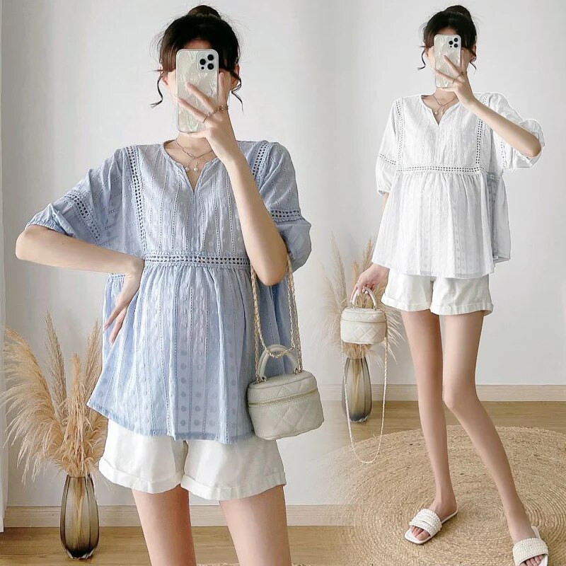 Καλοκαιρινή κοντομάνικη μπλούζα για έγκυες γυναίκες με κούφια δαντέλα συνονθύλευμα με λαιμόκοψη V με ψηλή μέση πουκάμισα εγκυμοσύνης Loose tops εγκυμοσύνης