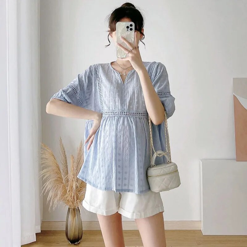 Καλοκαιρινή κοντομάνικη μπλούζα για έγκυες γυναίκες με κούφια δαντέλα συνονθύλευμα με λαιμόκοψη V με ψηλή μέση πουκάμισα εγκυμοσύνης Loose tops εγκυμοσύνης