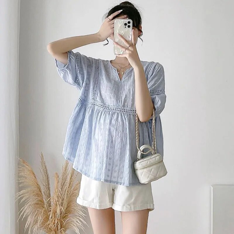 Καλοκαιρινή κοντομάνικη μπλούζα για έγκυες γυναίκες με κούφια δαντέλα συνονθύλευμα με λαιμόκοψη V με ψηλή μέση πουκάμισα εγκυμοσύνης Loose tops εγκυμοσύνης