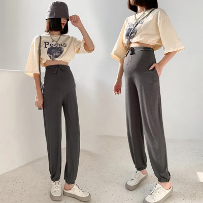 Καλοκαιρινό παντελόνι εγκυμοσύνης σιφόν μονόχρωμο βολάν με κορδόνι στρίφωμα τεντωμένο έγκυο παντελόνι κοιλιάς Φαρδύ παντελόνι εγκυμοσύνης