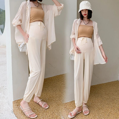 Καλοκαιρινό παντελόνι εγκυμοσύνης σιφόν μονόχρωμο βολάν με κορδόνι στρίφωμα τεντωμένο έγκυο παντελόνι κοιλιάς Φαρδύ παντελόνι εγκυμοσύνης