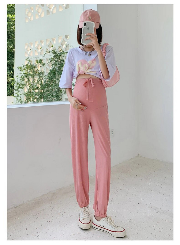 Καλοκαιρινό παντελόνι εγκυμοσύνης σιφόν μονόχρωμο βολάν με κορδόνι στρίφωμα τεντωμένο έγκυο παντελόνι κοιλιάς Φαρδύ παντελόνι εγκυμοσύνης