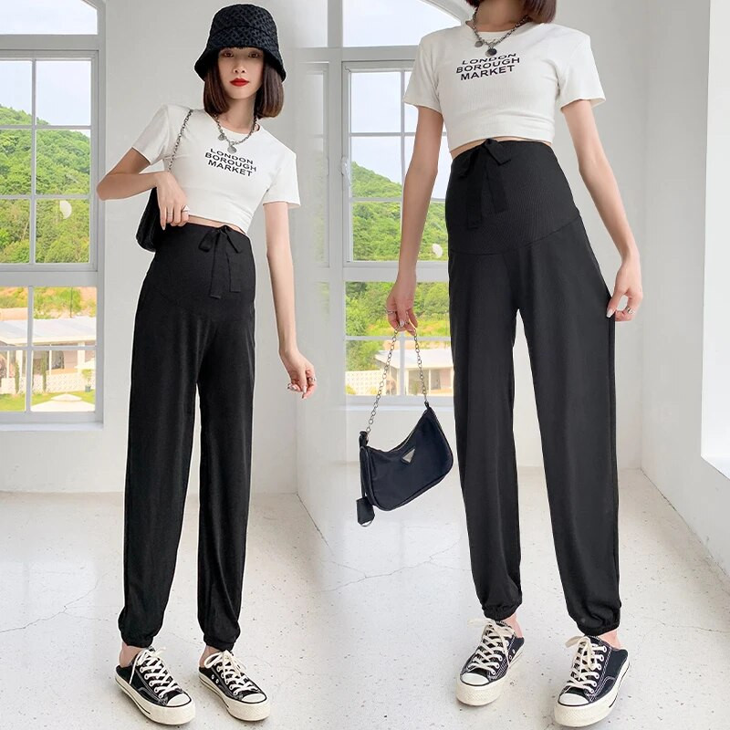 Καλοκαιρινό παντελόνι εγκυμοσύνης σιφόν μονόχρωμο βολάν με κορδόνι στρίφωμα τεντωμένο έγκυο παντελόνι κοιλιάς Φαρδύ παντελόνι εγκυμοσύνης