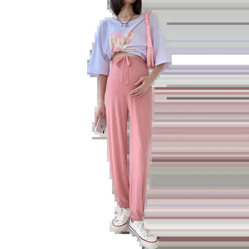 Καλοκαιρινό παντελόνι εγκυμοσύνης σιφόν μονόχρωμο βολάν με κορδόνι στρίφωμα τεντωμένο έγκυο παντελόνι κοιλιάς Φαρδύ παντελόνι εγκυμοσύνης