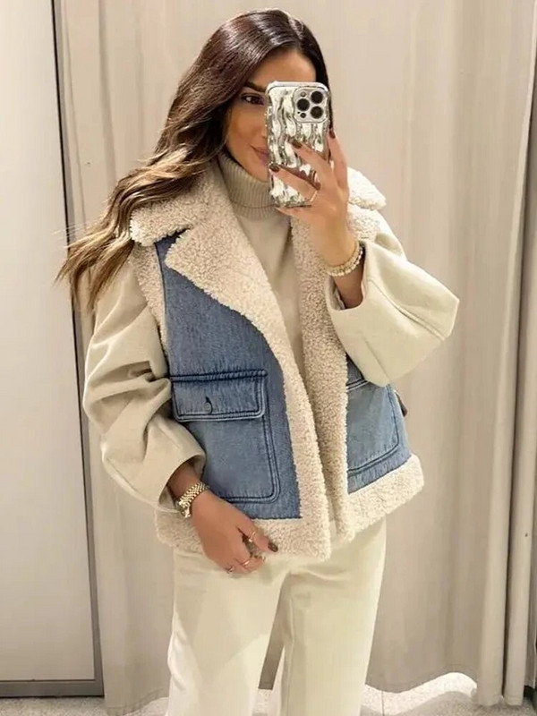 Moodne fliisist revääriga teksariidest vest naistele, talvine varrukateta lapiline tasku, vest Naistele Elegantne lambavillast soojad šikid topid