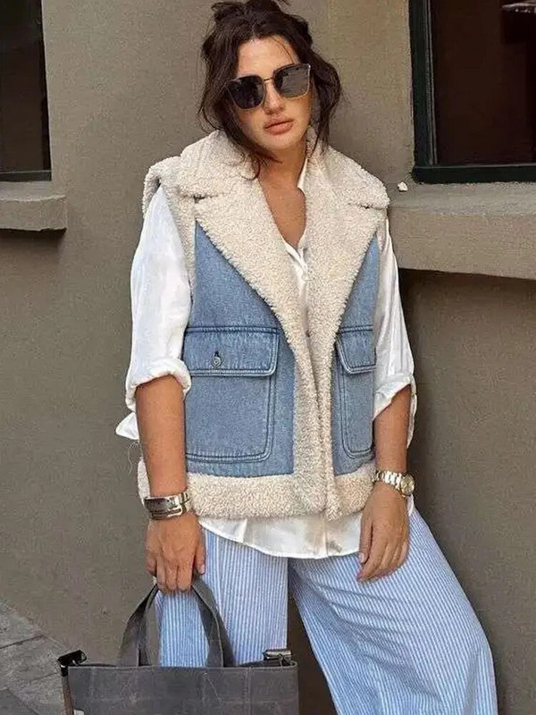 Moodne fliisist revääriga teksariidest vest naistele, talvine varrukateta lapiline tasku, vest Naistele Elegantne lambavillast soojad šikid topid