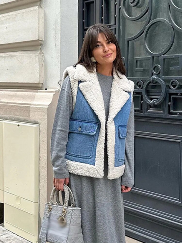 Moodne fliisist revääriga teksariidest vest naistele, talvine varrukateta lapiline tasku, vest Naistele Elegantne lambavillast soojad šikid topid
