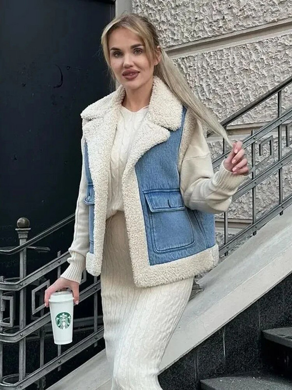 Moodne fliisist revääriga teksariidest vest naistele, talvine varrukateta lapiline tasku, vest Naistele Elegantne lambavillast soojad šikid topid