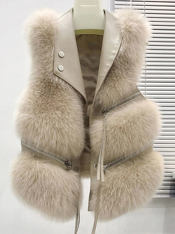 Яке от изкуствена кожа на лисица Дамско улично свободно дамско яке без ръкави 2023 Есен Зима Пухкаво дебело топло дамско палто с цип