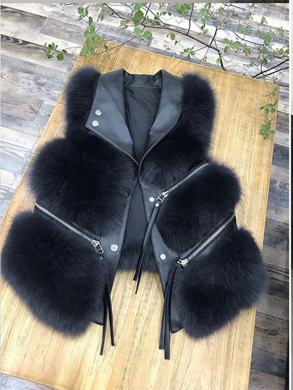 Dirbtinio lapės kailio striukė, moteriška gatvės be rankovių laisva, solidi moteriška liemenė 2023 m. rudens žiemos užtrauktukas Pūkuotas storas šiltas moteriškas paltas
