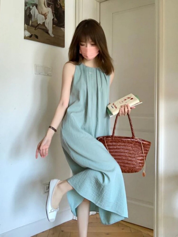 Varrukateta kleit naistele Prantsuse stiilis avar, õrn suvine hingav puhas puhkuseks õõnsaks kujundatud kottis raseda 2023. aasta mood