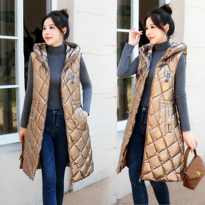 Helepruun vest naiste varrukateta veekindel tasuta pestav kapuutsiga puuvillane vest 2022 sügistalv uus mood pikk õhuke välirõivad