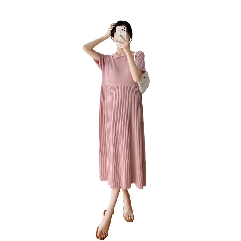 5038# Suvine õhuke jää jahe plisseeritud silmkoeline rasedate kleit Elegantne A Line Lahtised riided rasedatele Ins OL Rasedus