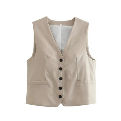 TRAF naiste moe nööpidega linasest segust vest, vintage V kaelus, varrukateta naiste ülerõivad šikk vestiga topsid