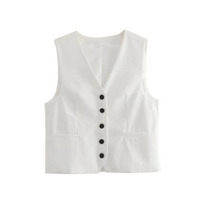 TRAF naiste moe nööpidega linasest segust vest, vintage V kaelus, varrukateta naiste ülerõivad šikk vestiga topsid