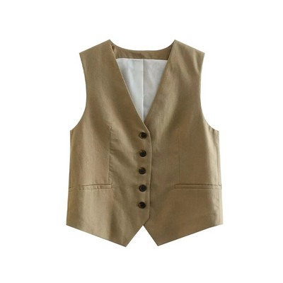 TRAF naiste moe nööpidega linasest segust vest, vintage V kaelus, varrukateta naiste ülerõivad šikk vestiga topsid
