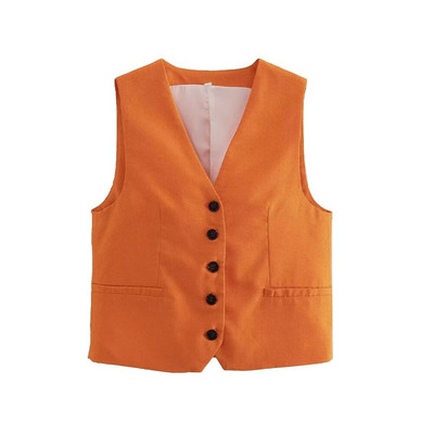 TRAF naiste moe nööpidega linasest segust vest, vintage V kaelus, varrukateta naiste ülerõivad šikk vestiga topsid