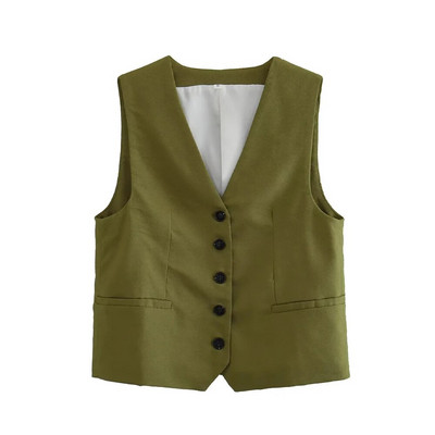 TRAF naiste moe nööpidega linasest segust vest, vintage V kaelus, varrukateta naiste ülerõivad šikk vestiga topsid