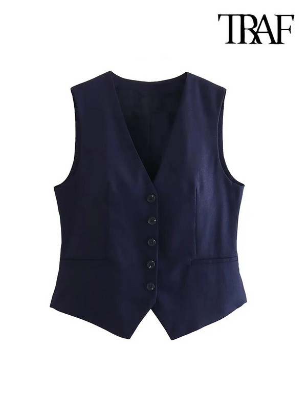 TRAF naiste moe nööpidega linasest segust vest, vintage V kaelus, varrukateta naiste ülerõivad šikk vestiga topsid