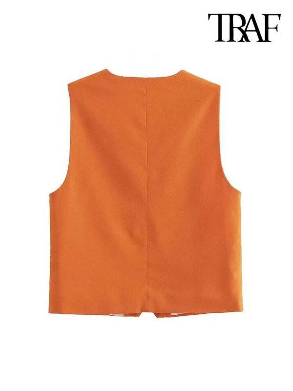 TRAF naiste moe nööpidega linasest segust vest, vintage V kaelus, varrukateta naiste ülerõivad šikk vestiga topsid